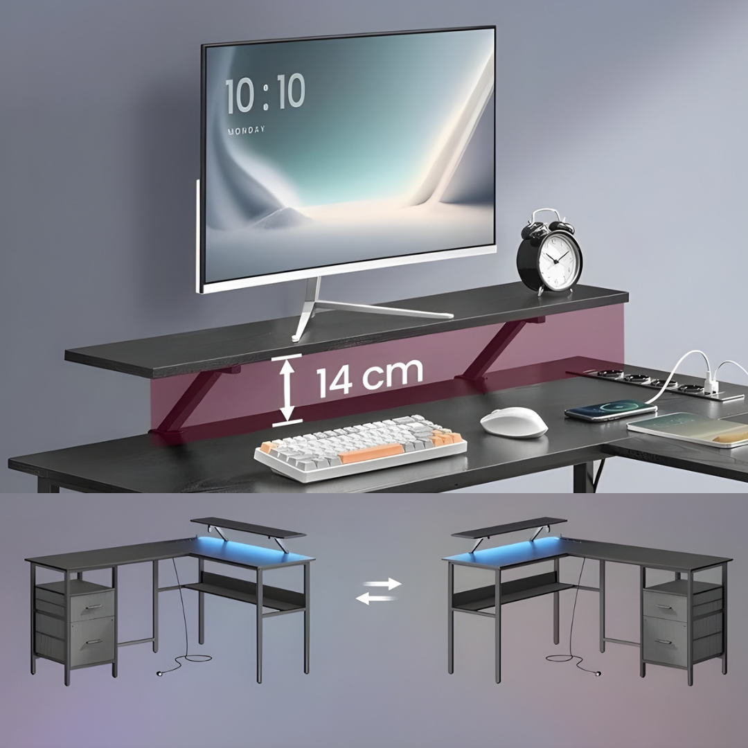 L-vormig bureau met geïntegreerde plank en opbergruimte