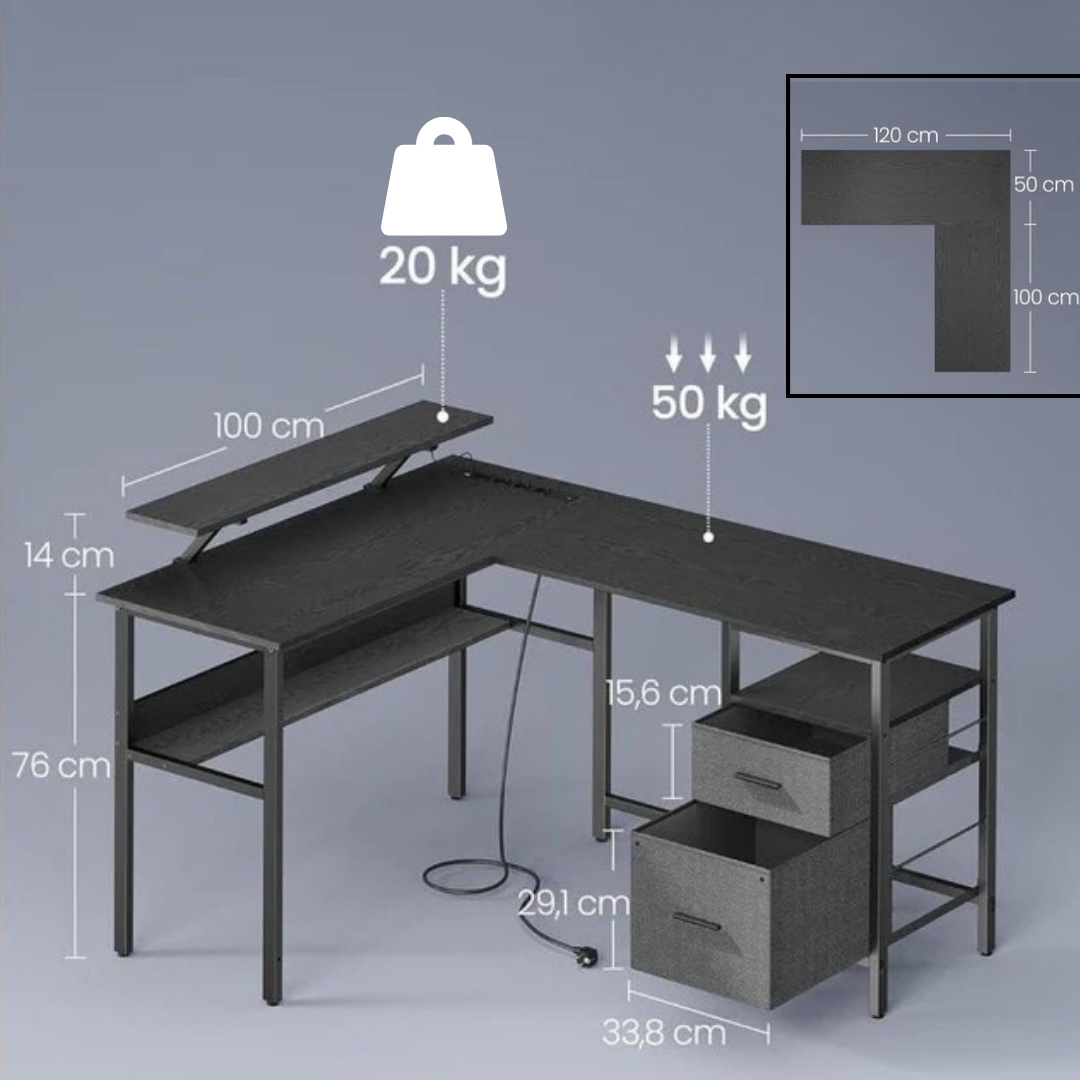 L-vormig bureau met geïntegreerde plank en opbergruimte