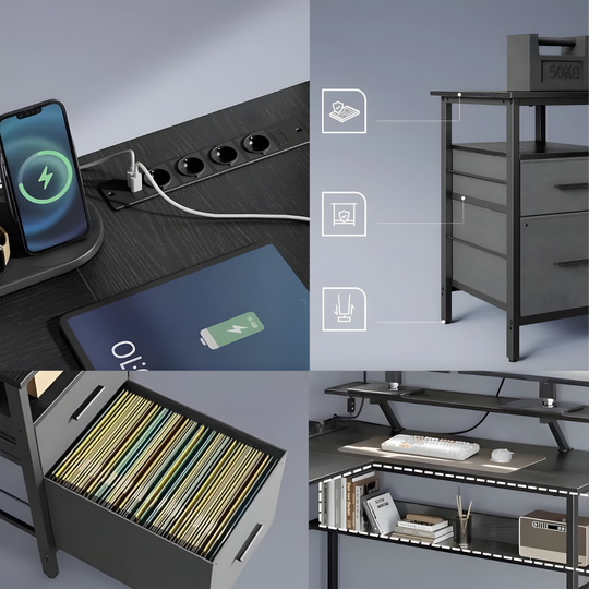 L-vormig bureau met geïntegreerde plank en opbergruimte