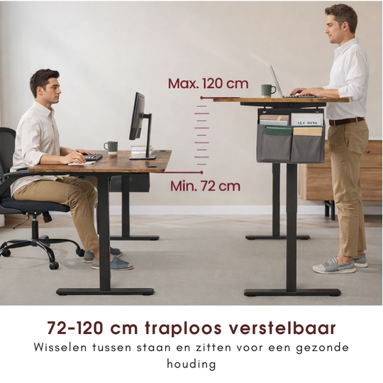 Verstelbaar bureau met geïntegreerde opbergruimte