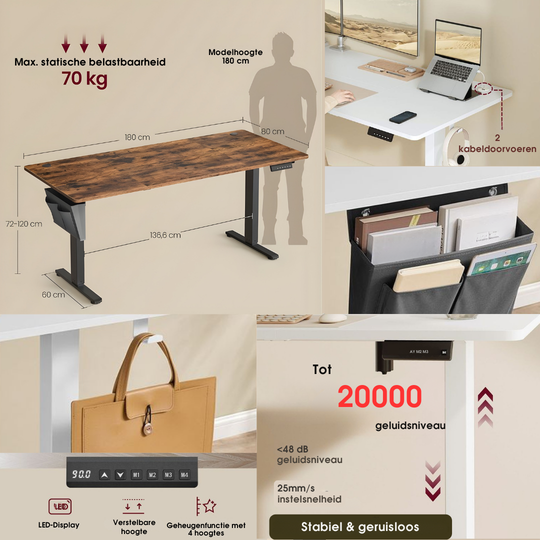 Verstelbaar bureau met geïntegreerde opbergruimte